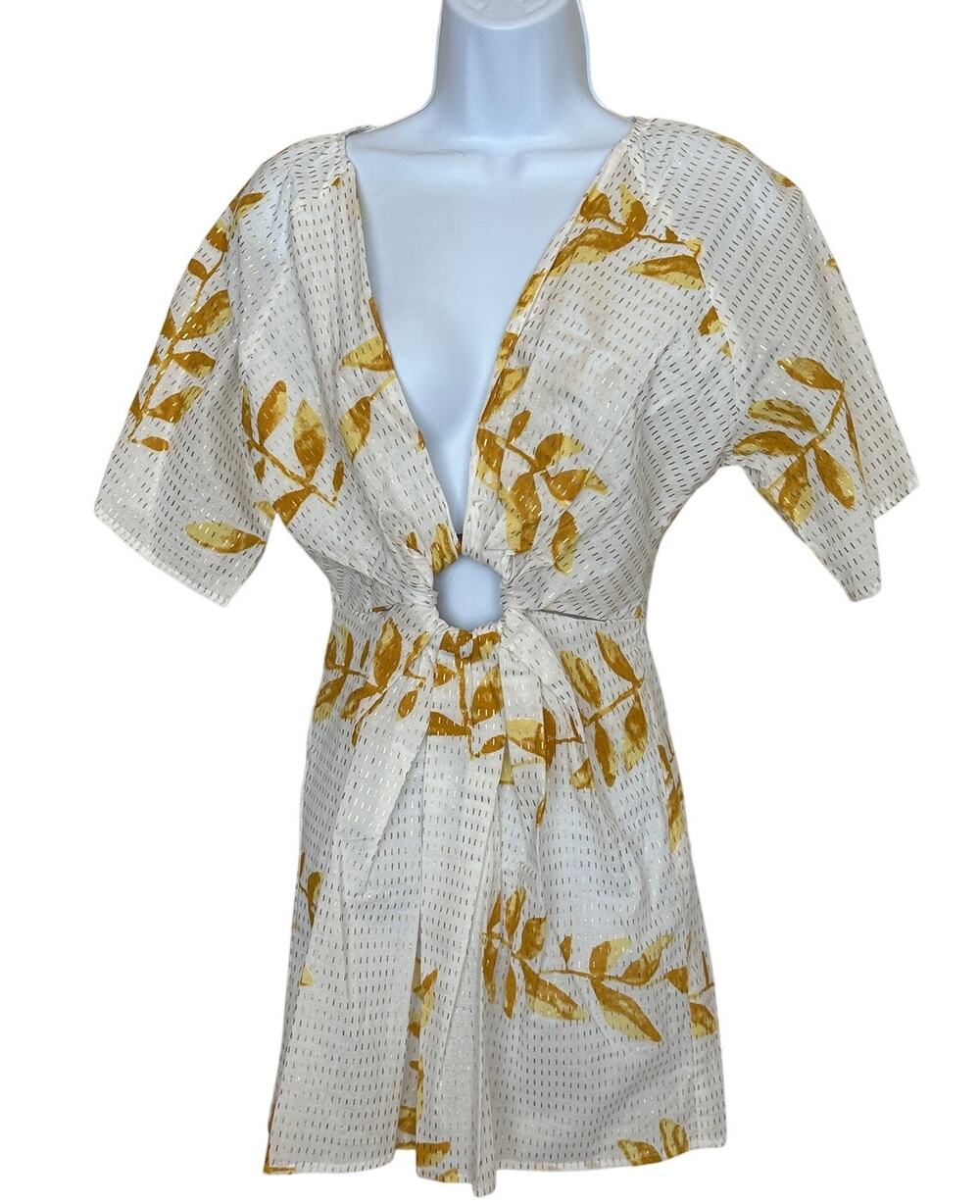 Sundress White Mini Dress XS Tropical Vacation Coverup Cotton Metallic $210